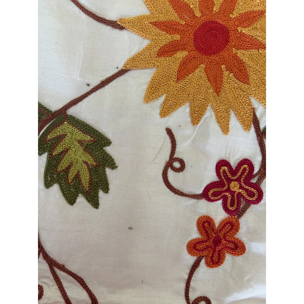 Floral Embroidered Table Runner Ivory Red Orange Boho Chain Stitch 13.5